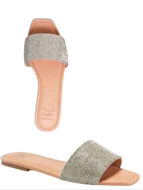 INC Silver Stretch Gore Natalia Sparkle Slide Sandal in Metallic Champagne